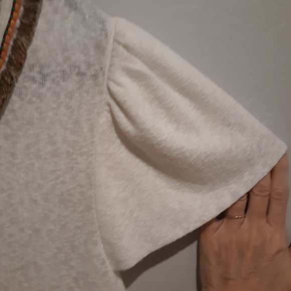 Bobeau Top Cream White top w/Fringe around Neck Brown Orange size 1x - Picture 3 of 5